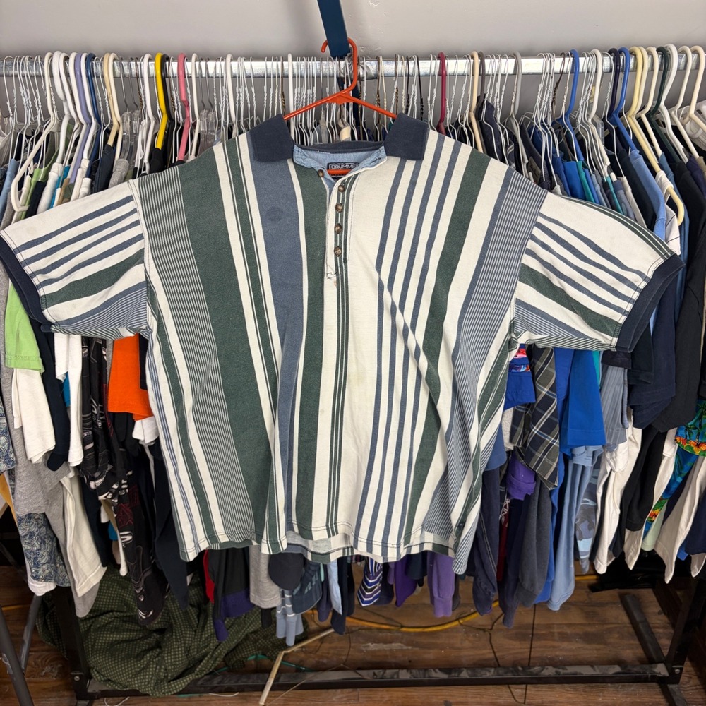 Vintage Drummer Boy Mens Large Striped Polo Shirt Green Blue White 90s Cotton